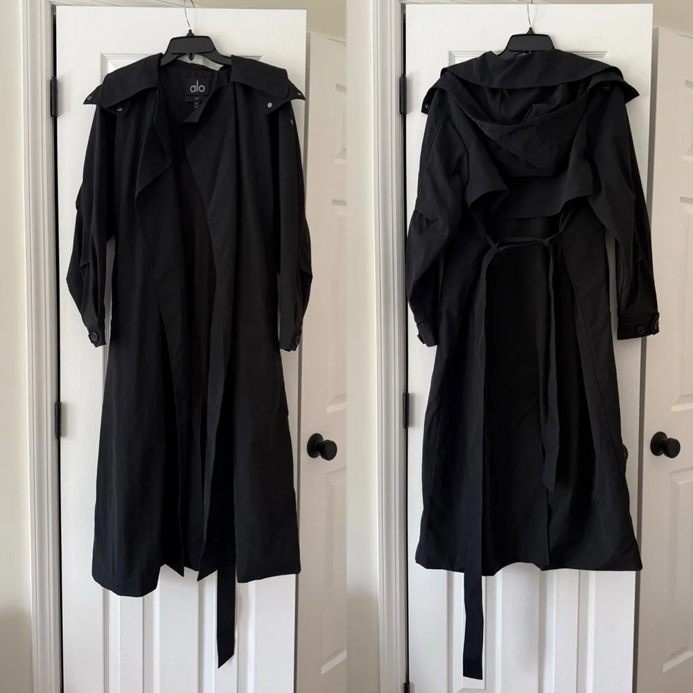 ALO Yoga Daybreak Long Coat Black Hooded Detachable Belt